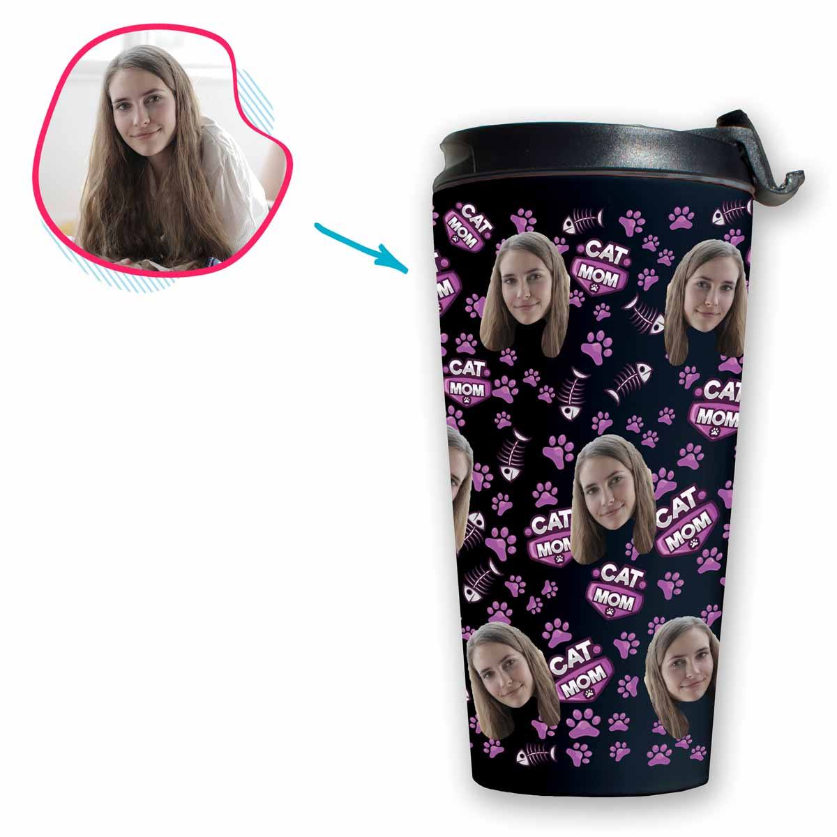dark Cat Mom travel mug personalized with photo of face printed on it