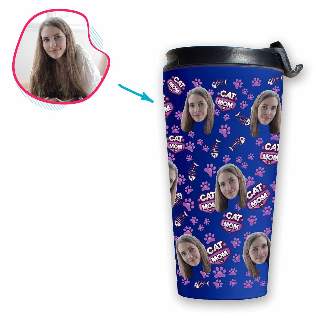 darkblue Cat Mom travel mug personalized with photo of face printed on it
