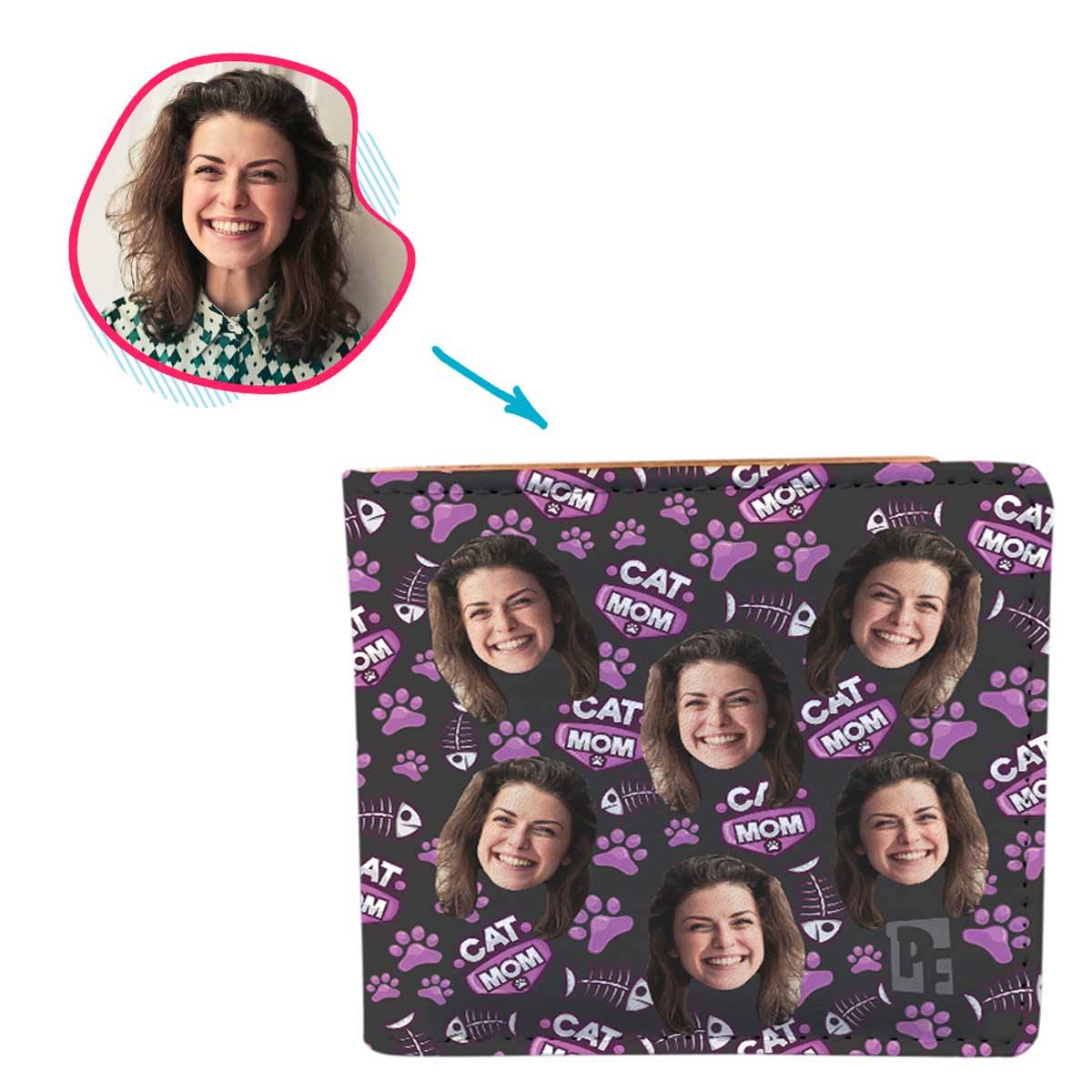 dark Cat Mom wallet personalized with photo of face printed on it
