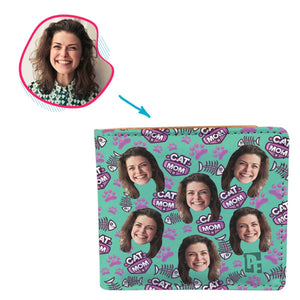 mint Cat Mom wallet personalized with photo of face printed on it