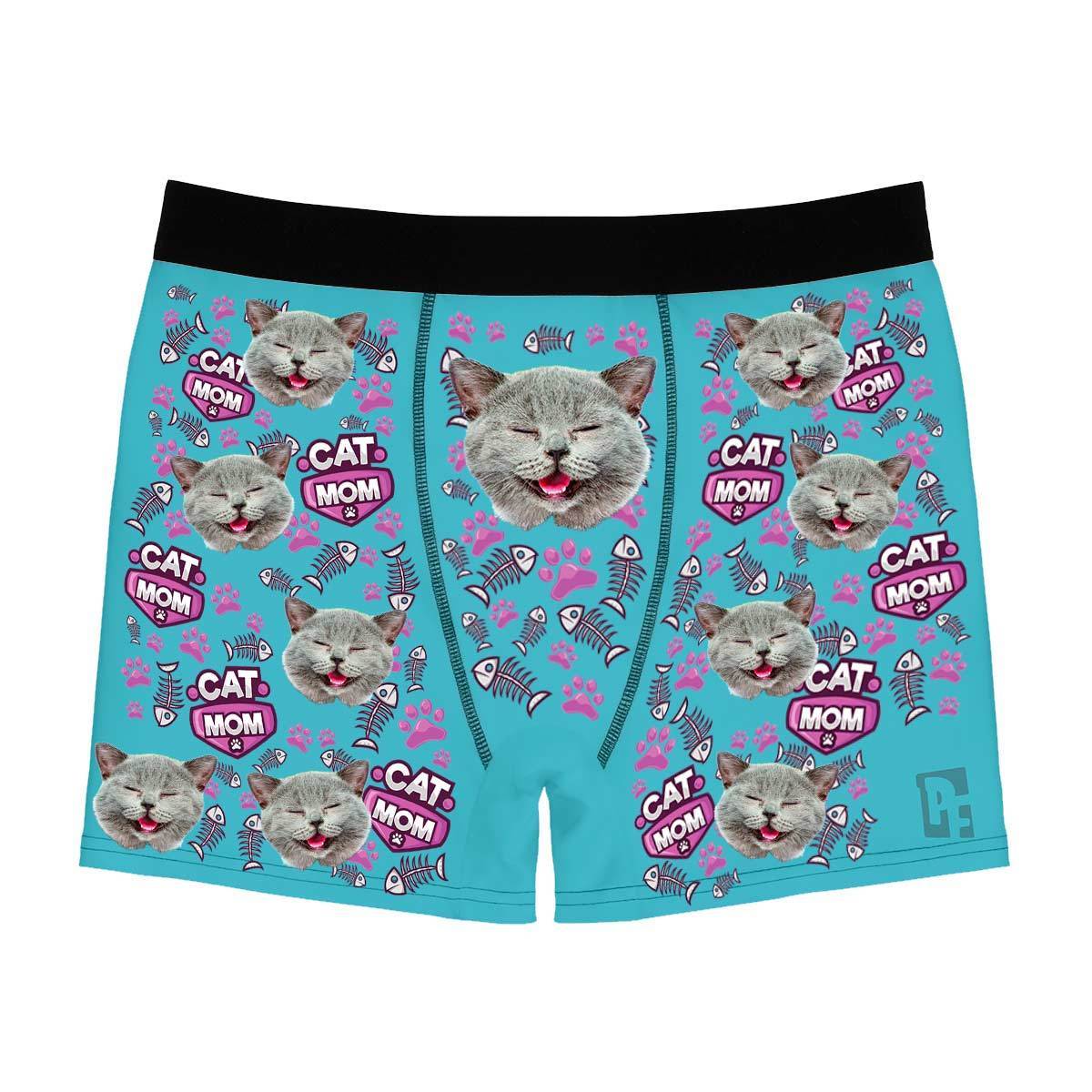 Blue Cat Mom men's boxer briefs personalized with photo printed on them