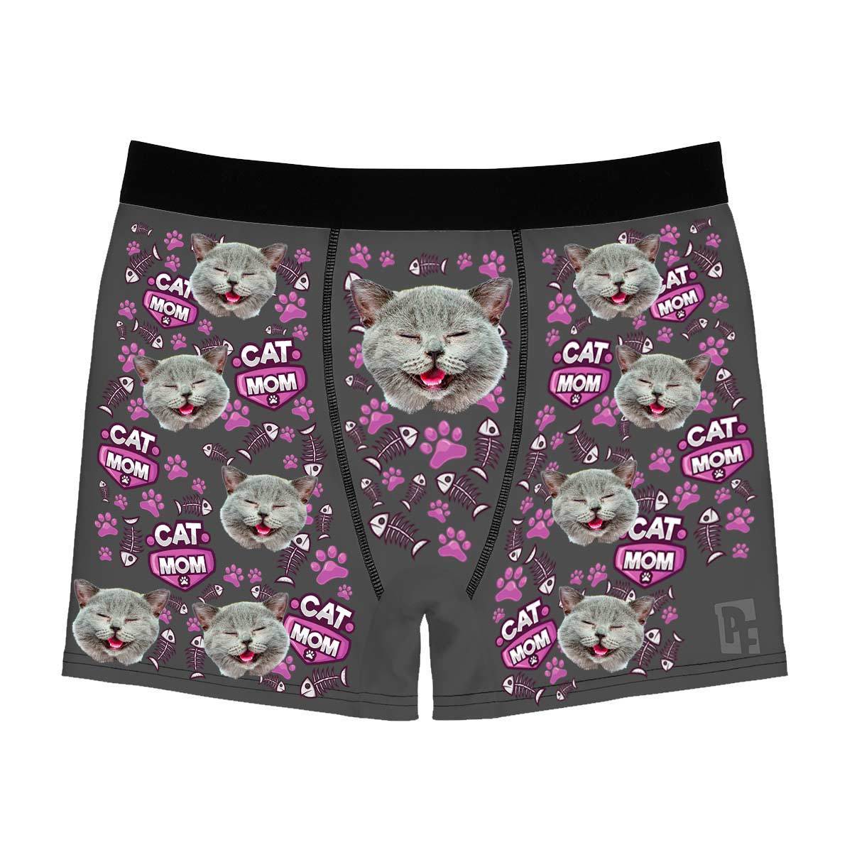 Dark Cat Mom men's boxer briefs personalized with photo printed on them