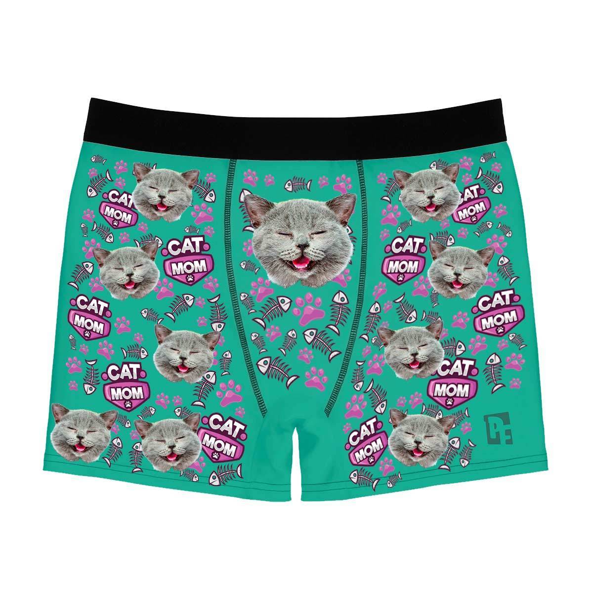 Mint Cat Mom men's boxer briefs personalized with photo printed on them