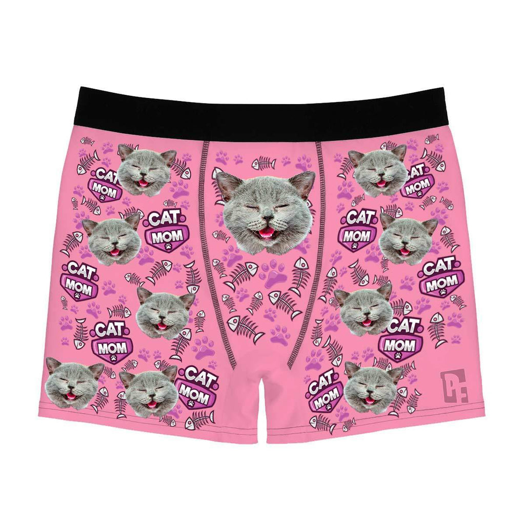 Pink Cat Mom men's boxer briefs personalized with photo printed on them