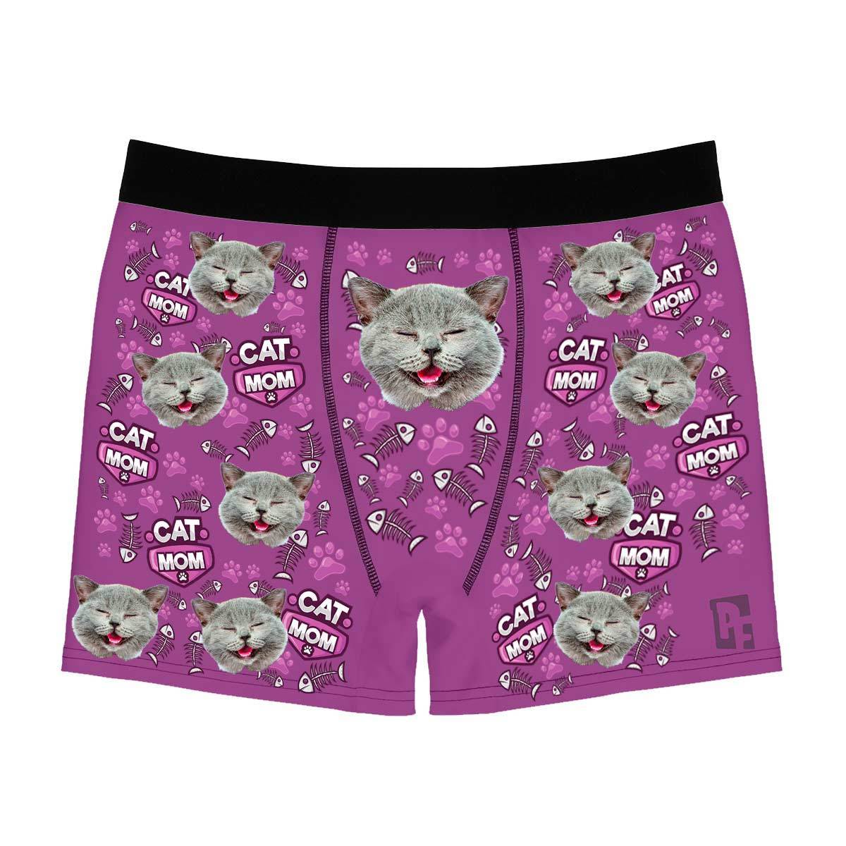 Purple Cat Mom men's boxer briefs personalized with photo printed on them