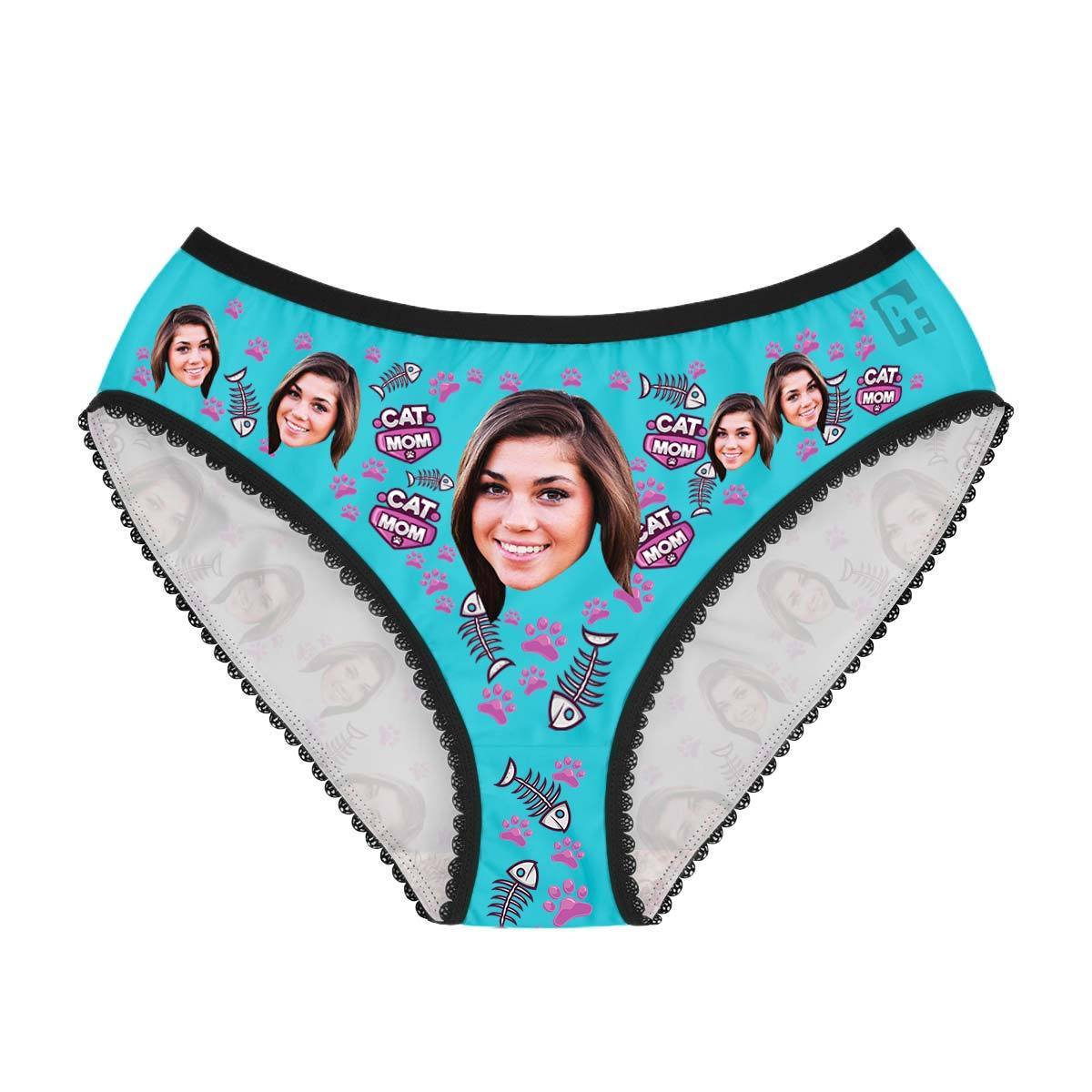 Blue Cat Mom women's underwear briefs personalized with photo printed on them