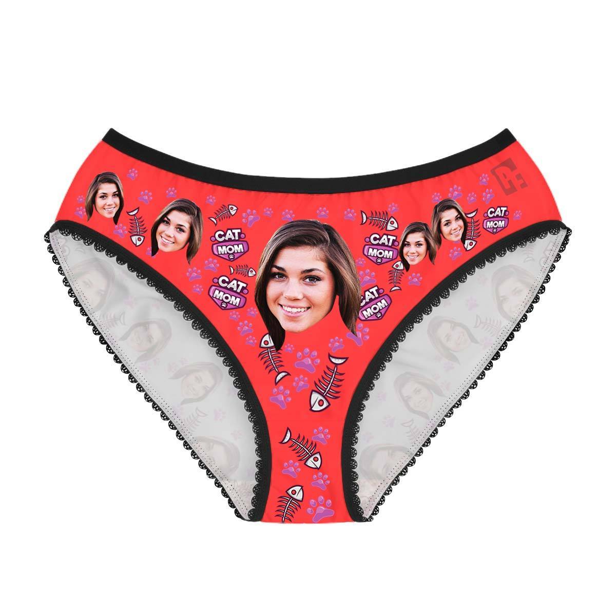 Red Cat Mom women's underwear briefs personalized with photo printed on them