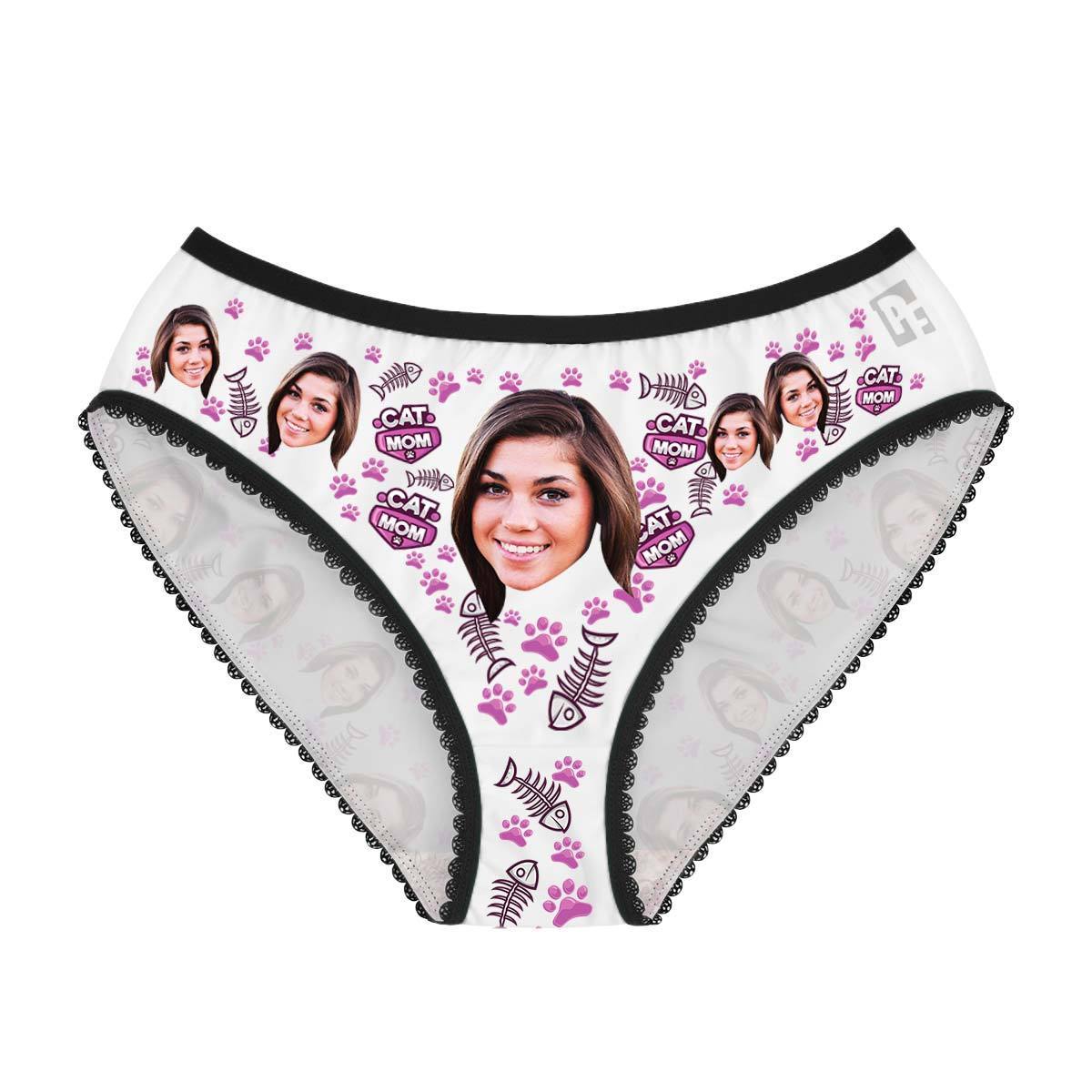 White Cat Mom women's underwear briefs personalized with photo printed on them