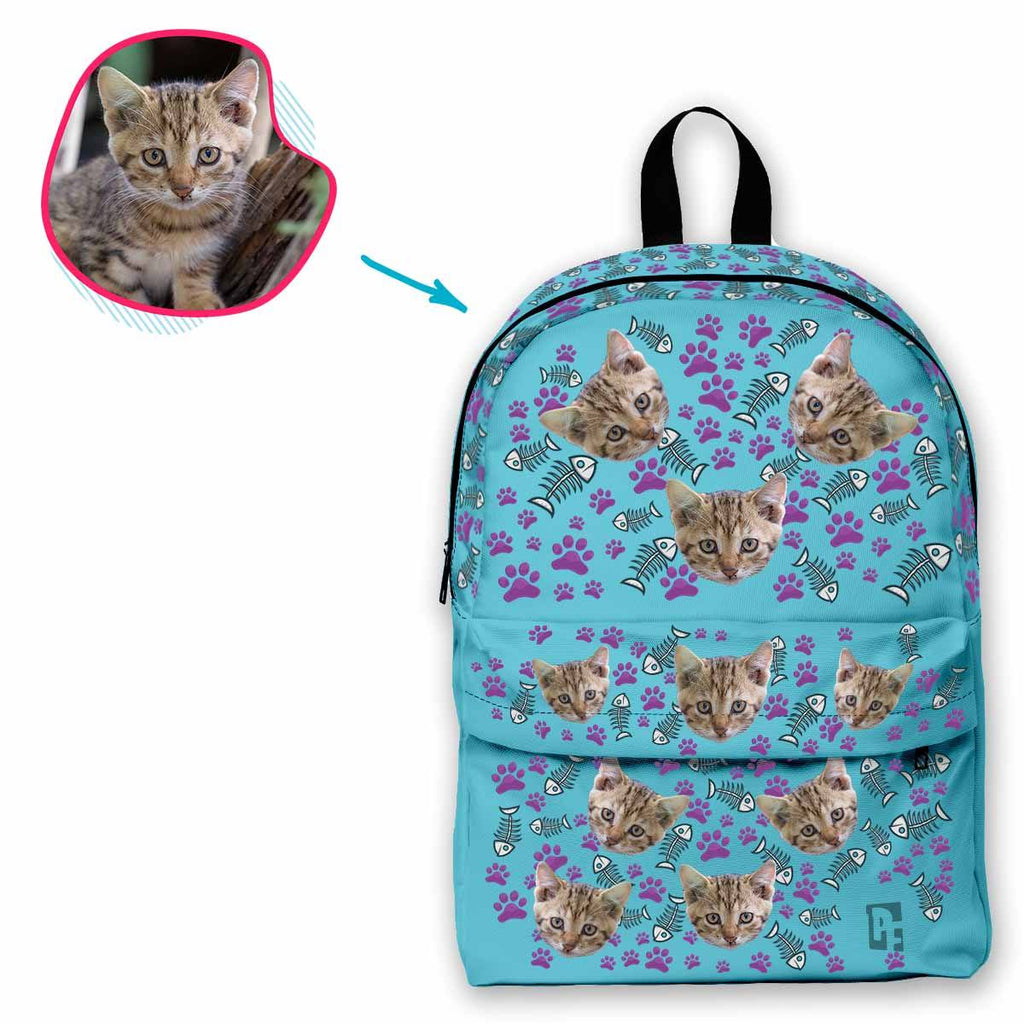 blue Cat classic backpack personalized with photo of face printed on it