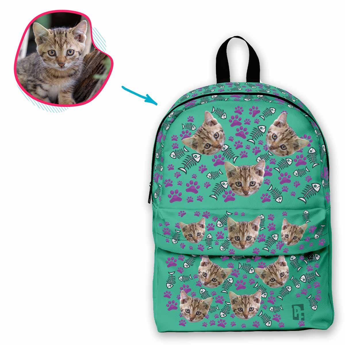 mint Cat classic backpack personalized with photo of face printed on it
