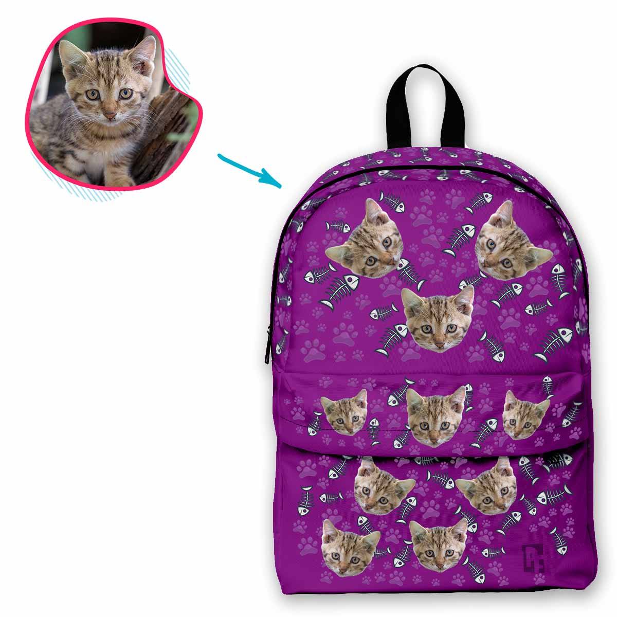 purple Cat classic backpack personalized with photo of face printed on it