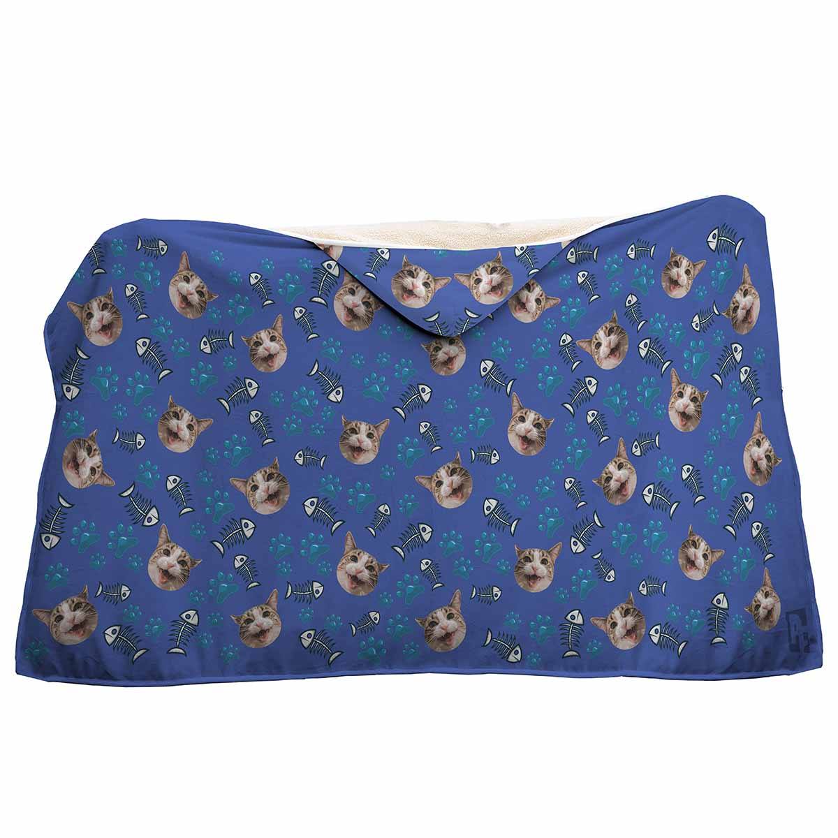 darkblue Cat hooded blanket personalized with photo of face printed on it