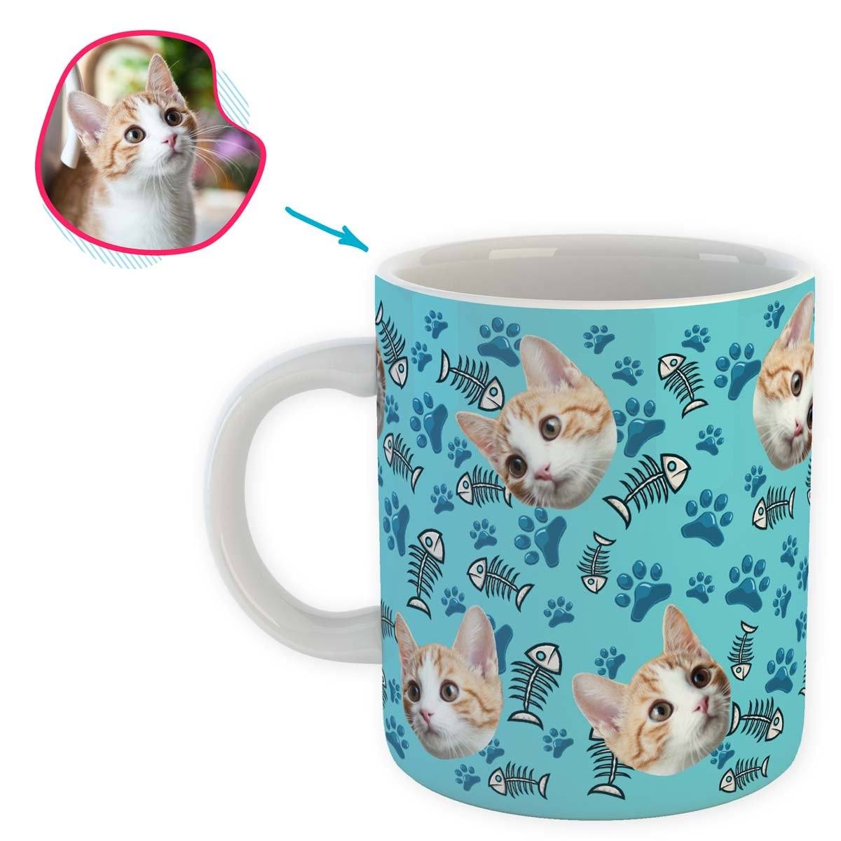 blue Cat mug personalized with photo of face printed on it