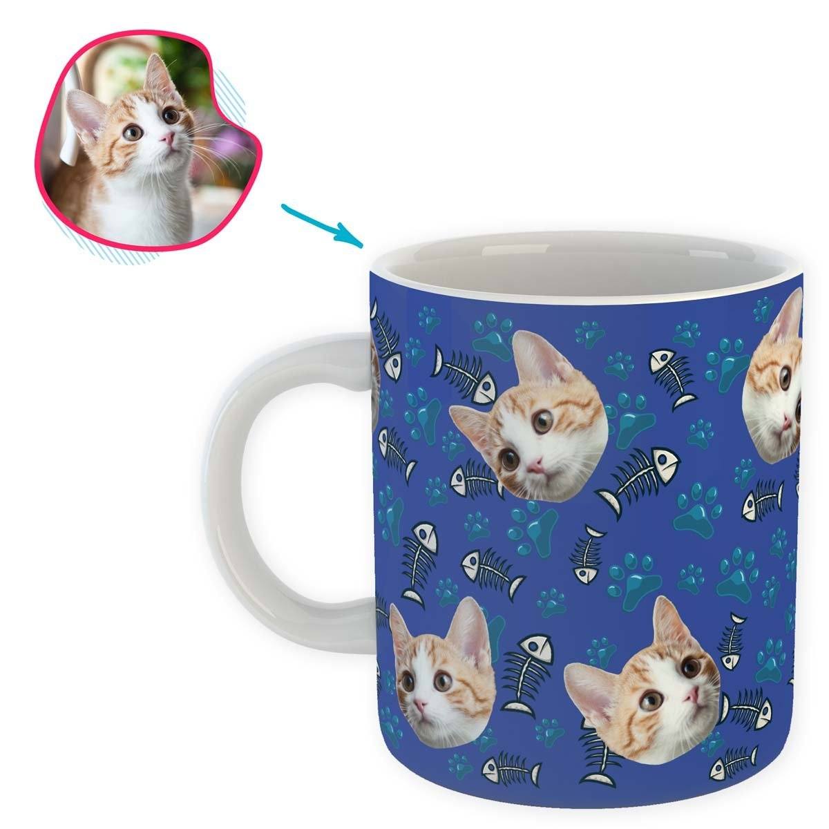 darkblue Cat mug personalized with photo of face printed on it