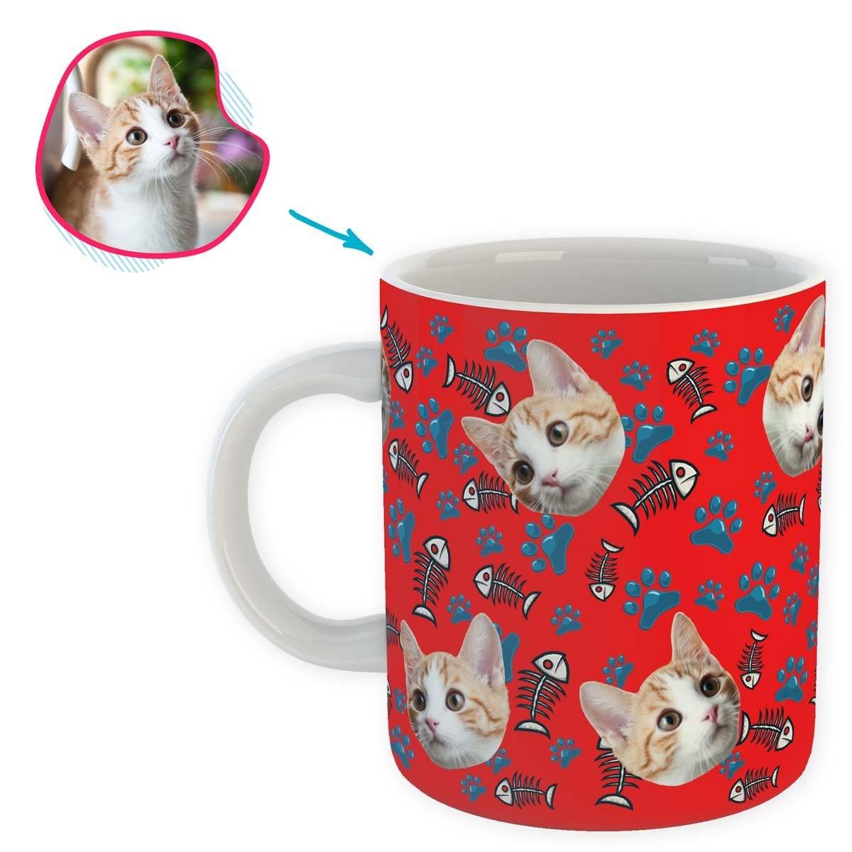 red Cat mug personalized with photo of face printed on it