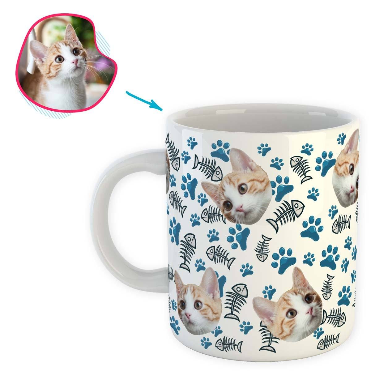 white Cat mug personalized with photo of face printed on it