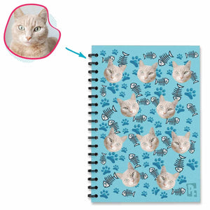 blue Cat Notebook personalized with photo of face printed on them