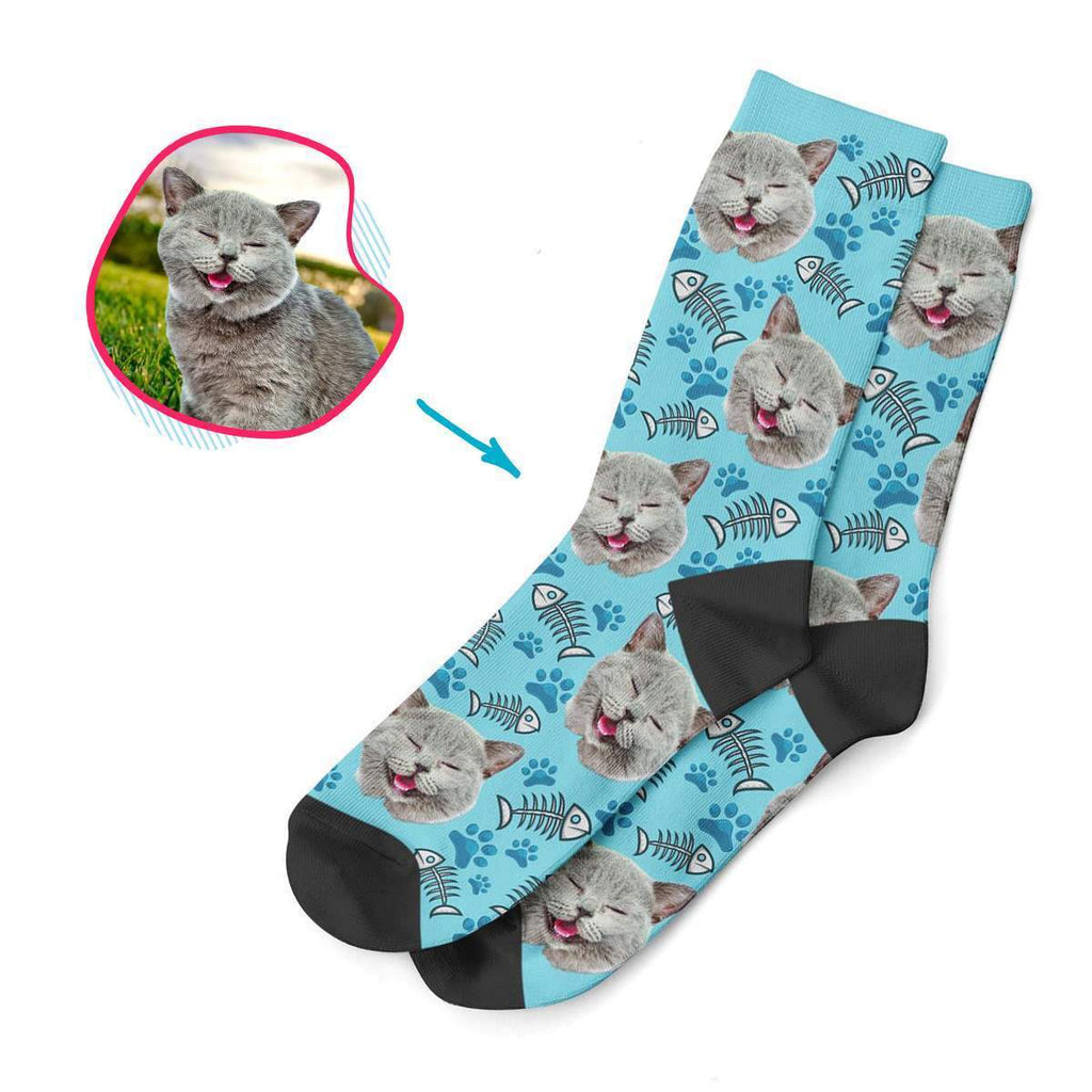 blue Cat socks personalized with photo of face printed on them