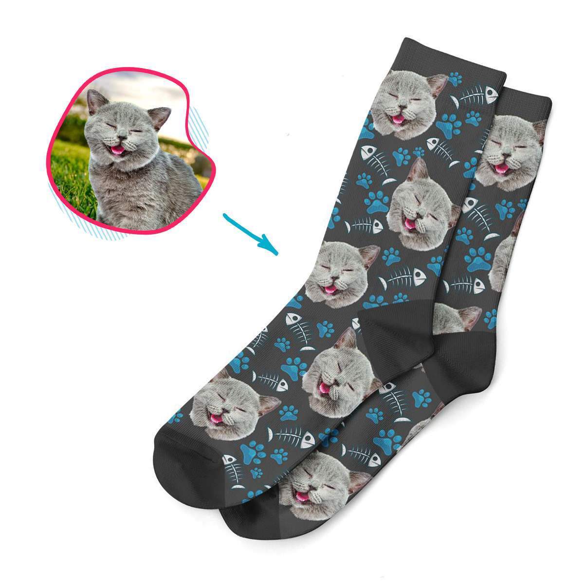 dark Cat socks personalized with photo of face printed on them