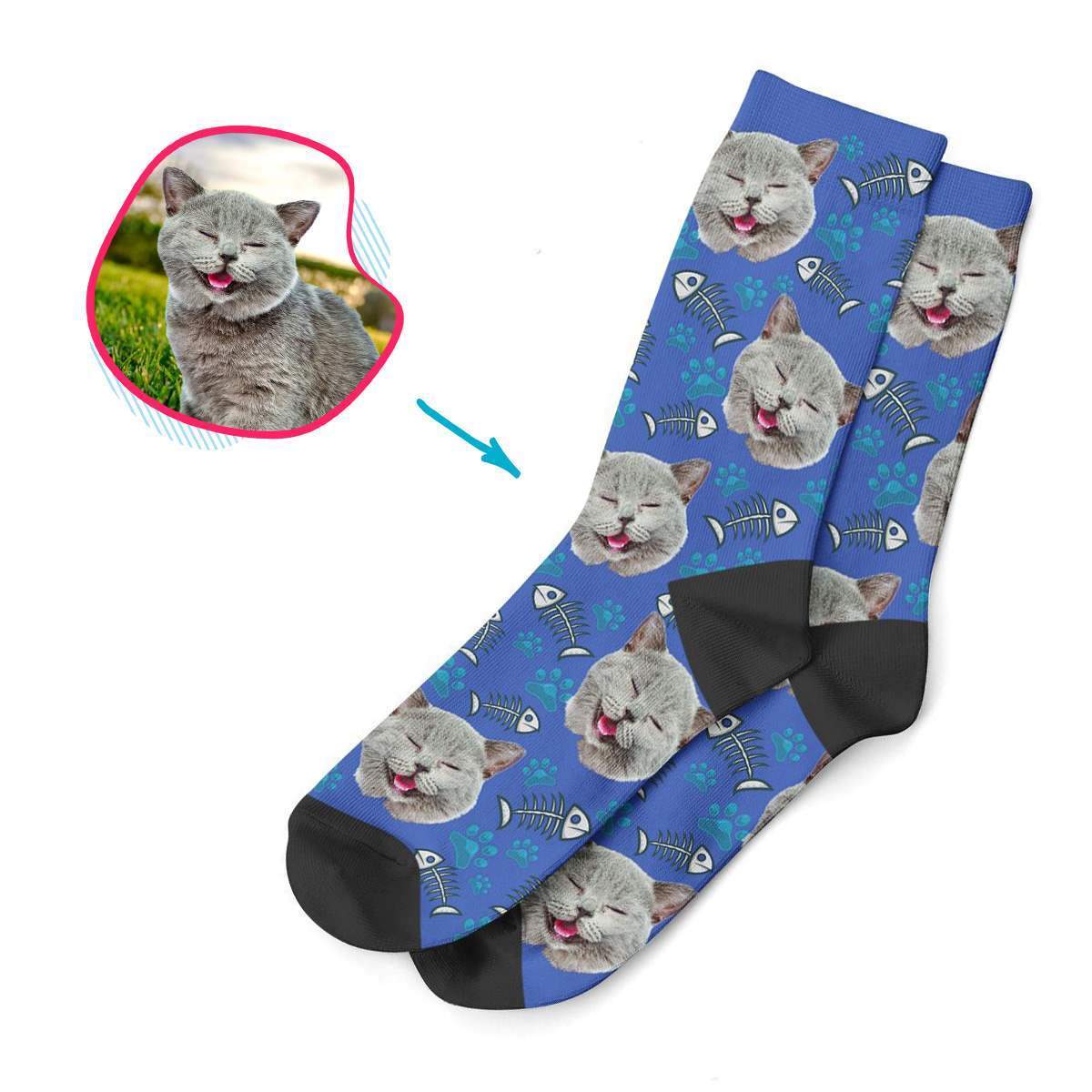 darkblue Cat socks personalized with photo of face printed on them