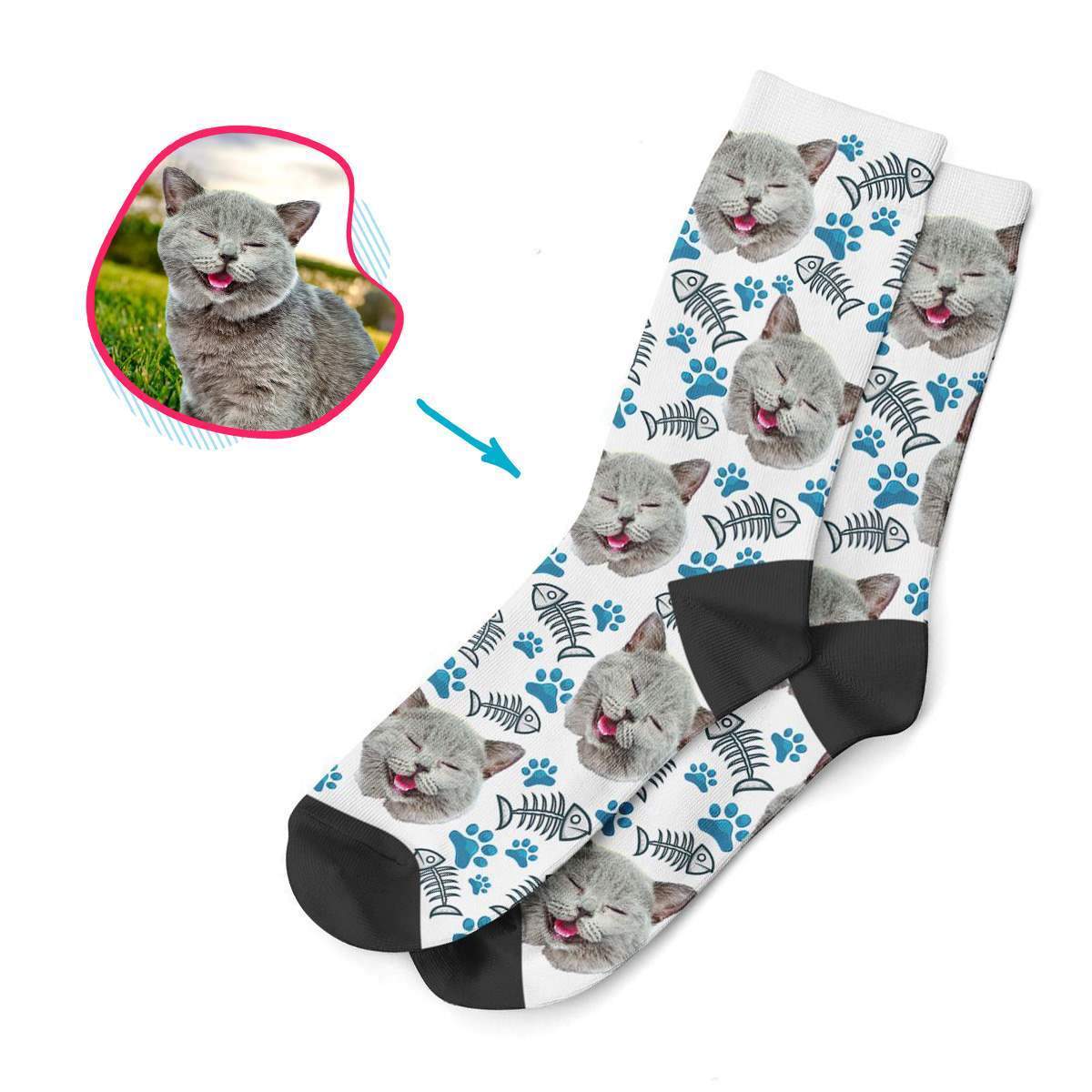 white Cat socks personalized with photo of face printed on them