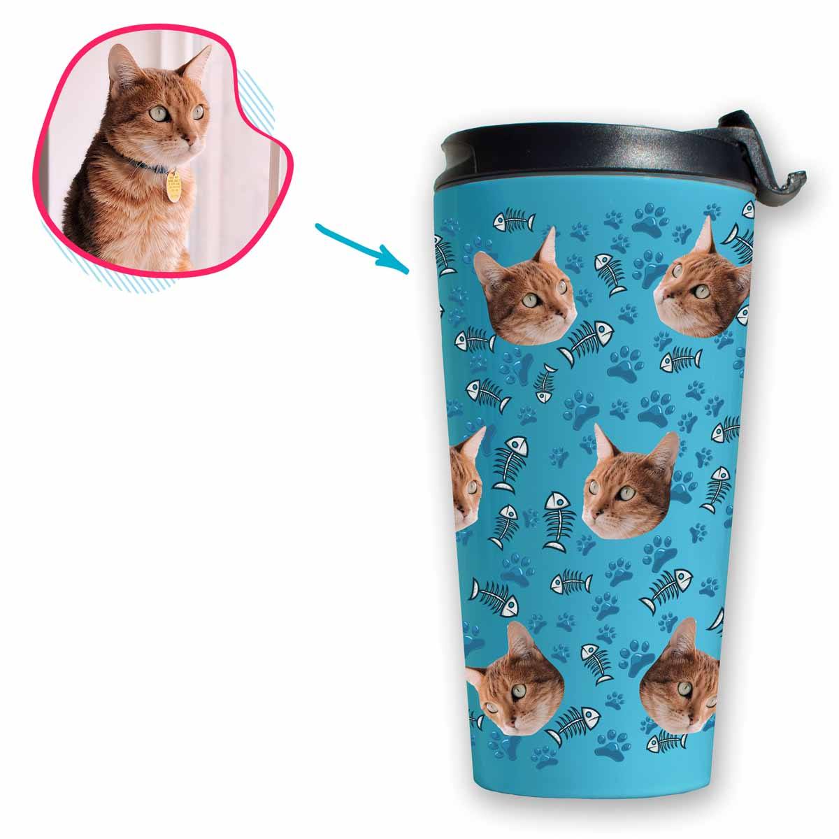 blue Cat travel mug personalized with photo of face printed on it