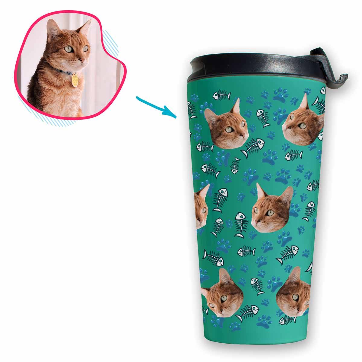 mint Cat travel mug personalized with photo of face printed on it