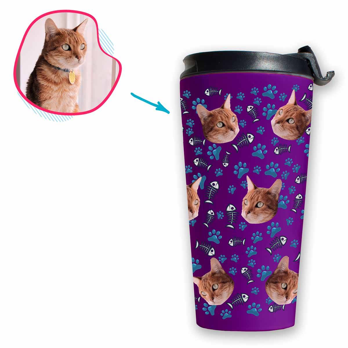 purple Cat travel mug personalized with photo of face printed on it