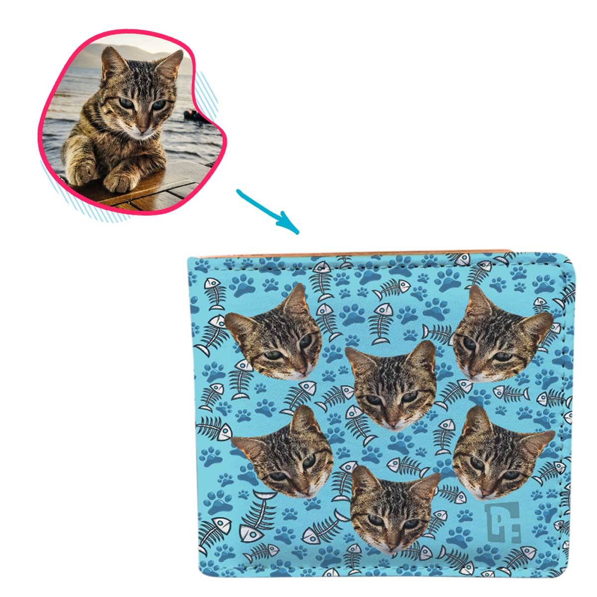 blue Cat wallet personalized with photo of face printed on it