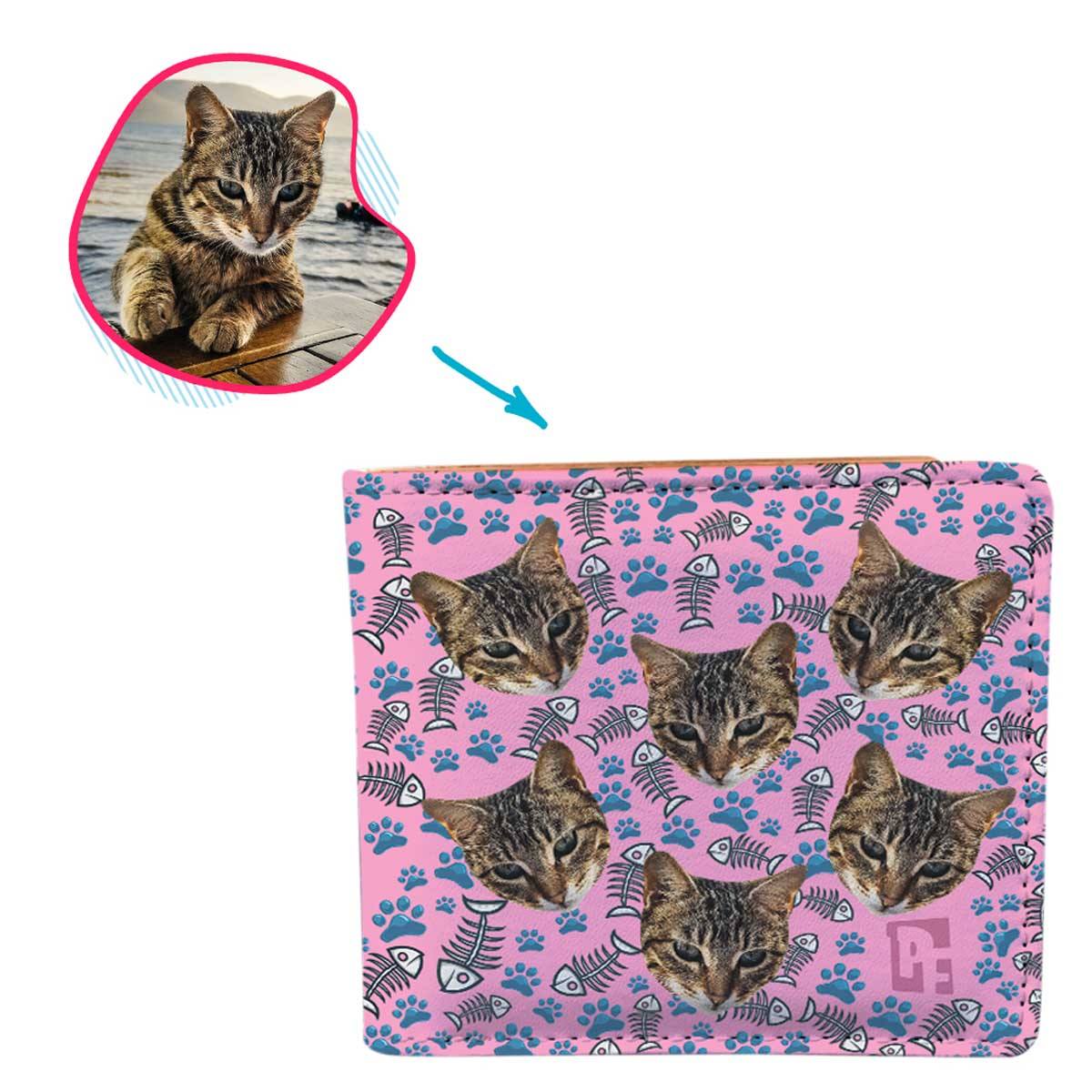 pink Cat wallet personalized with photo of face printed on it