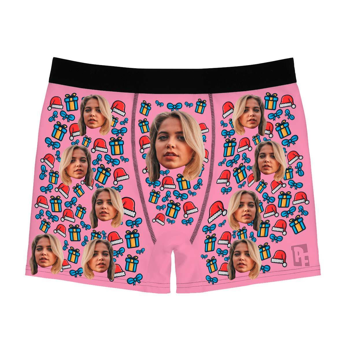 Pink Christmas Hat men's boxer briefs personalized with photo printed on them