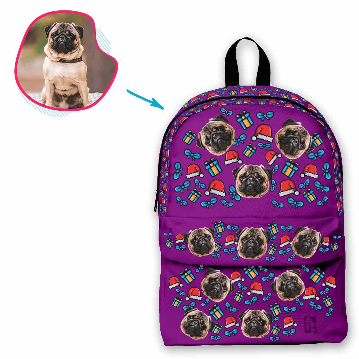 purple Christmas Hat classic backpack personalized with photo of face printed on it
