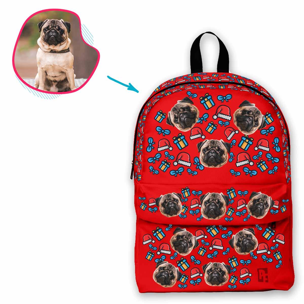 red Christmas Hat classic backpack personalized with photo of face printed on it