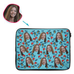 Load image into Gallery viewer, blue Christmas Hat laptop sleeve personalized with photo of face printed on them
