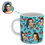 Load image into Gallery viewer, blue Christmas Hat mug personalized with photo of face printed on it
