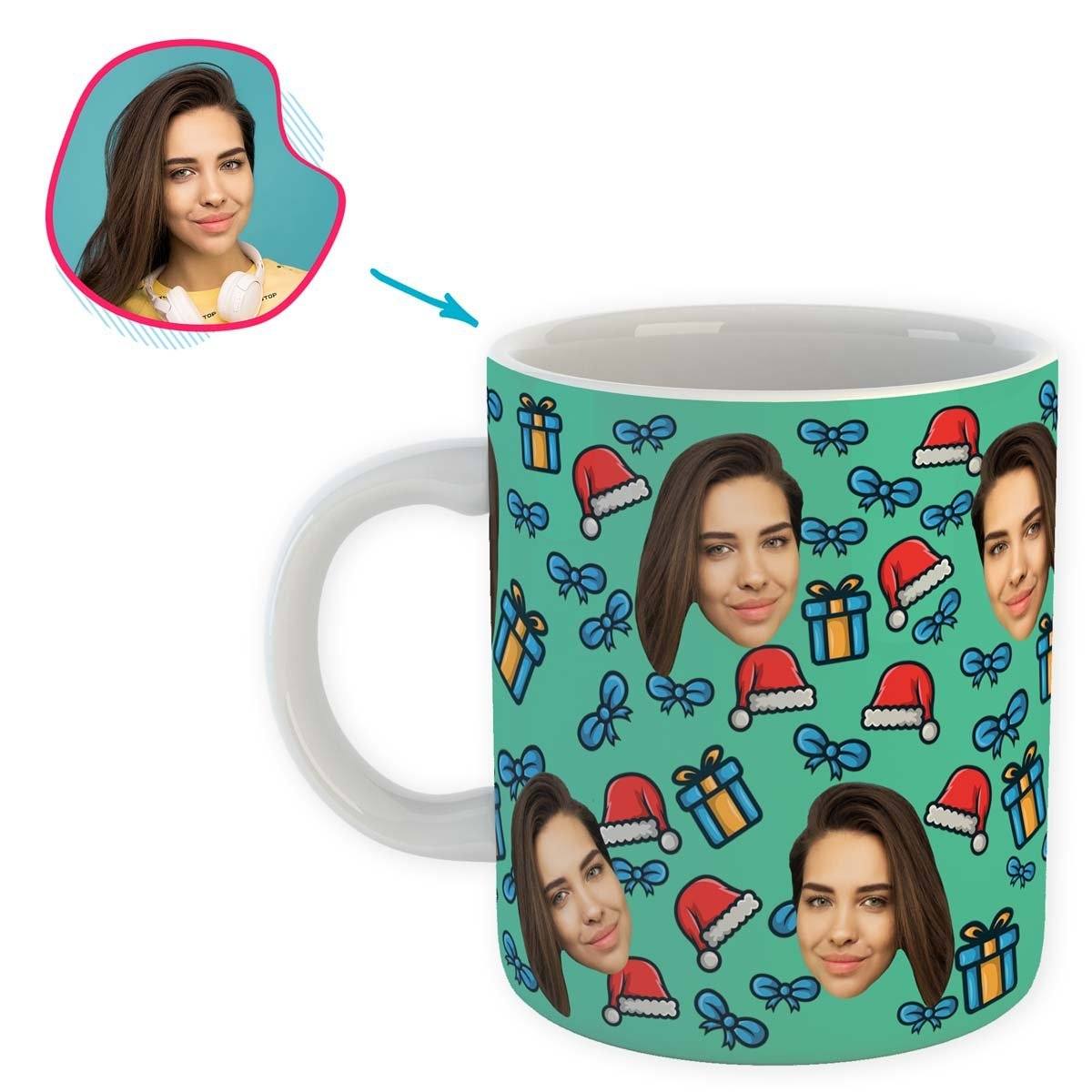 mint Christmas Hat mug personalized with photo of face printed on it