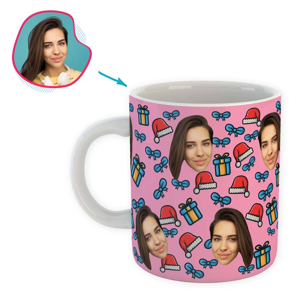 pink Christmas Hat mug personalized with photo of face printed on it