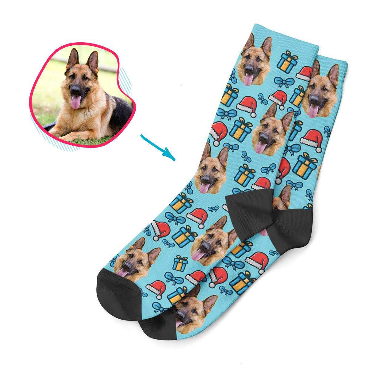 blue Christmas Hat socks personalized with photo of face printed on them