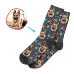 Load image into Gallery viewer, dark Christmas Hat socks personalized with photo of face printed on them
