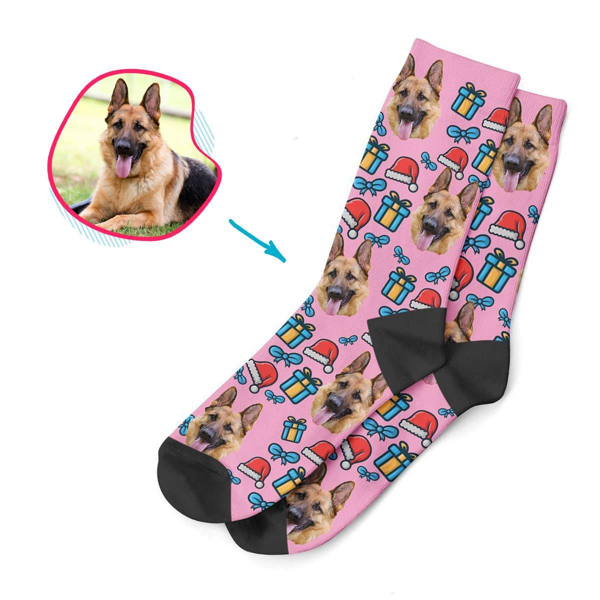 pink Christmas Hat socks personalized with photo of face printed on them