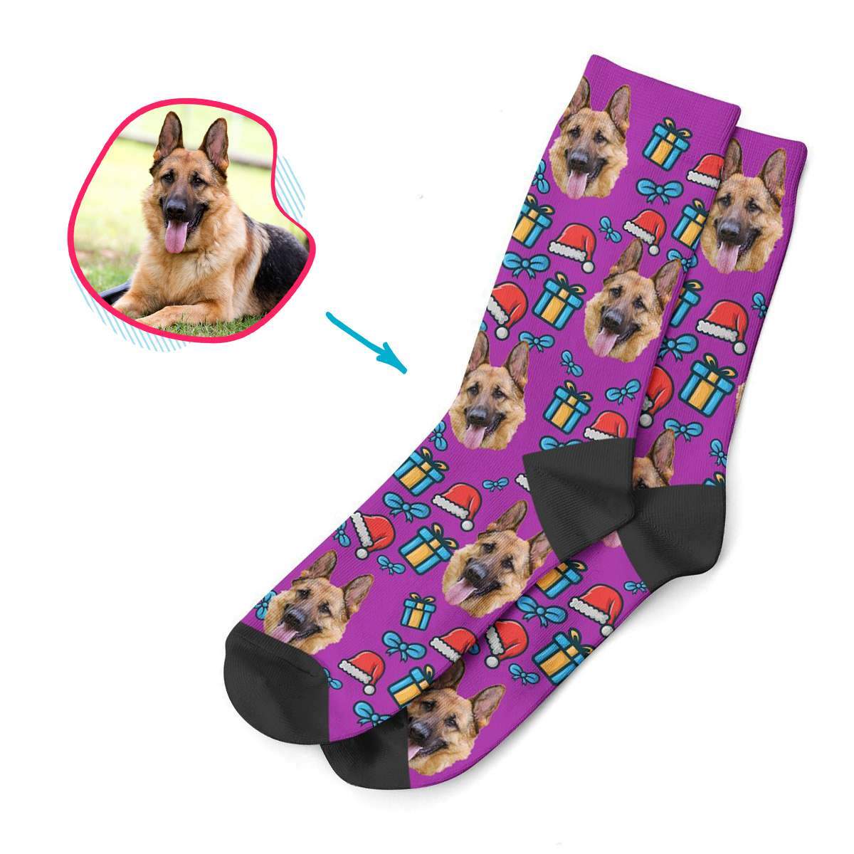 purple Christmas Hat socks personalized with photo of face printed on them