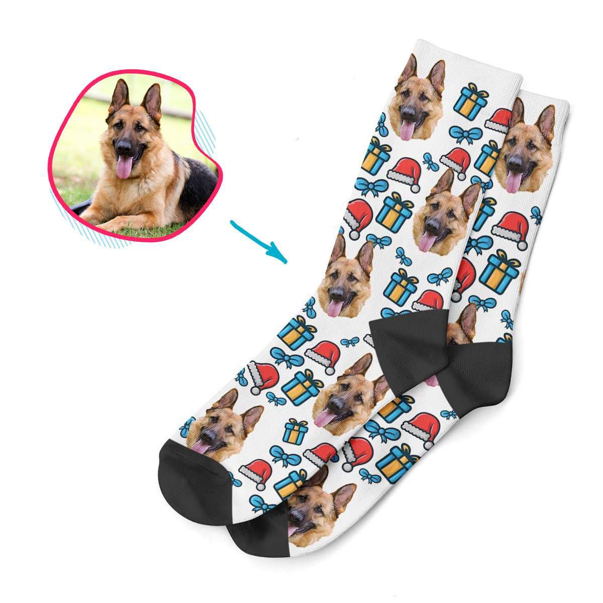 white Christmas Hat socks personalized with photo of face printed on them