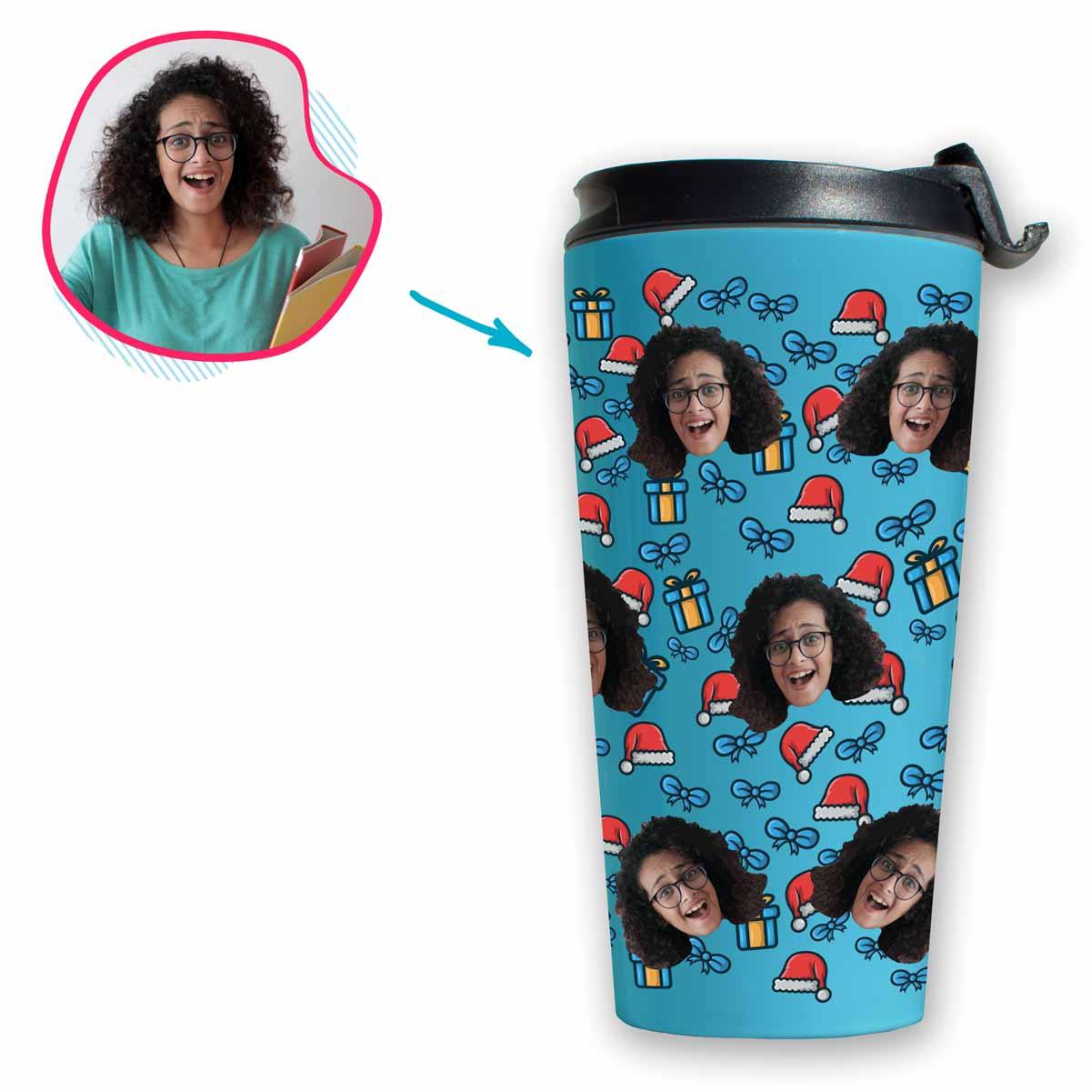 blue Christmas Hat travel mug personalized with photo of face printed on it