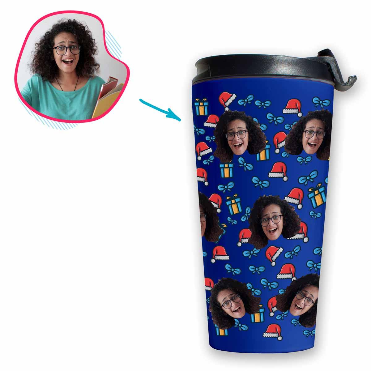 darkblue Christmas Hat travel mug personalized with photo of face printed on it