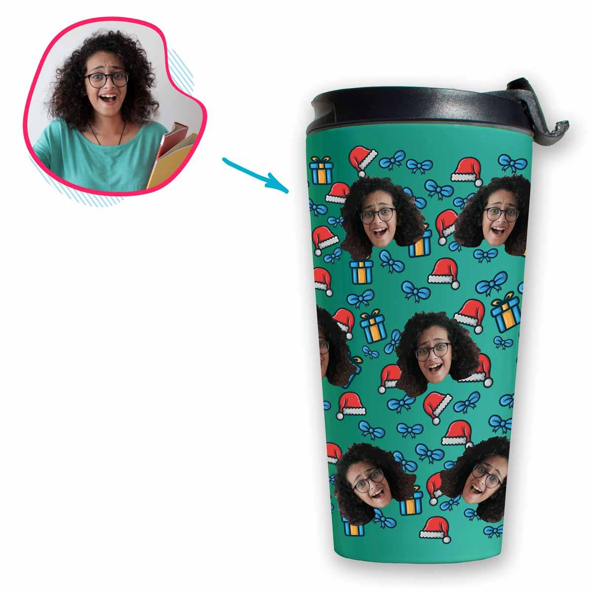 mint Christmas Hat travel mug personalized with photo of face printed on it