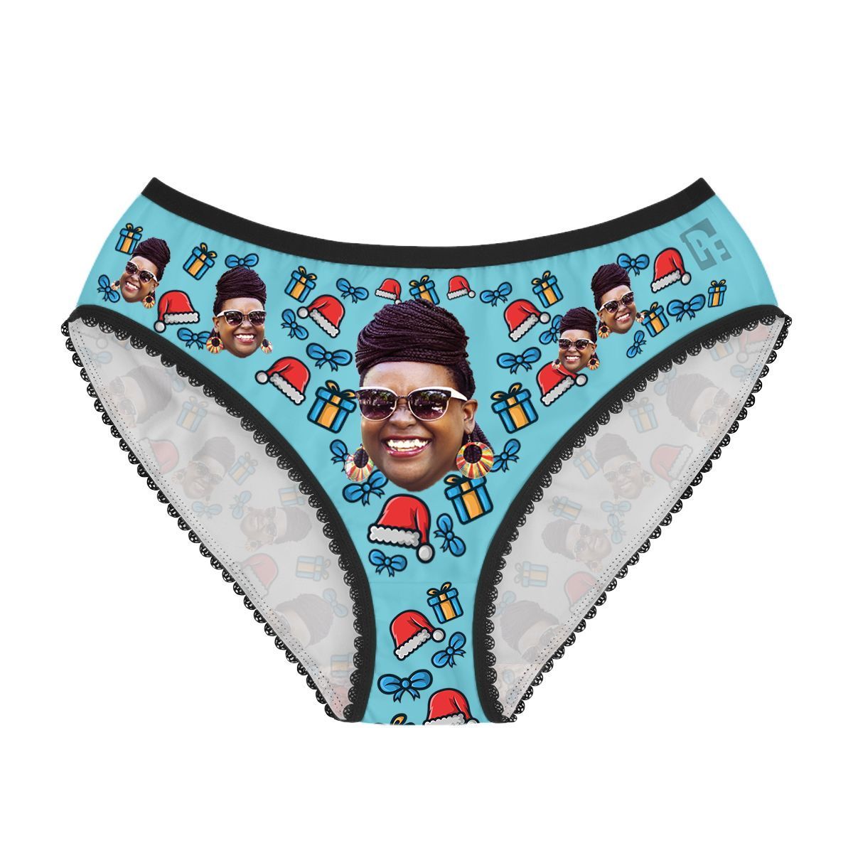 Blue Christmas Hat women's underwear briefs personalized with photo printed on them