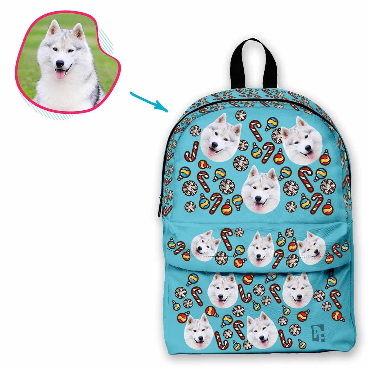 blue Christmas Tree Toy classic backpack personalized with photo of face printed on it