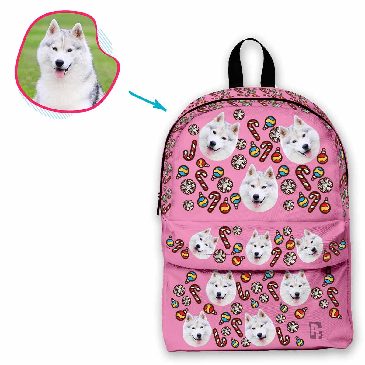 pink Christmas Tree Toy classic backpack personalized with photo of face printed on it