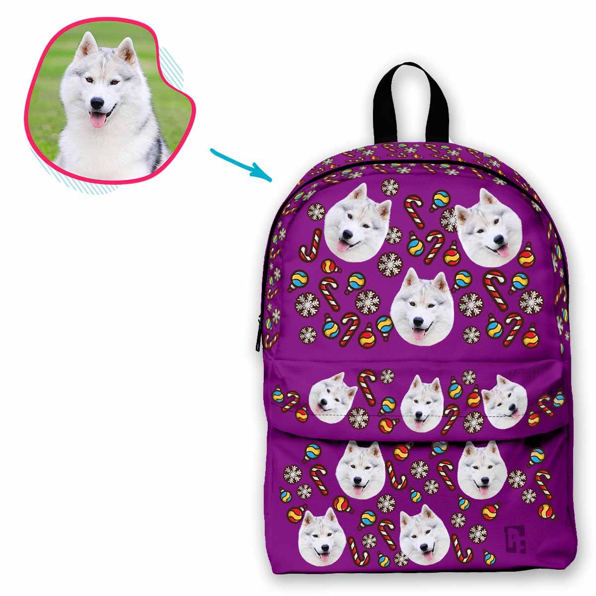 purple Christmas Tree Toy classic backpack personalized with photo of face printed on it