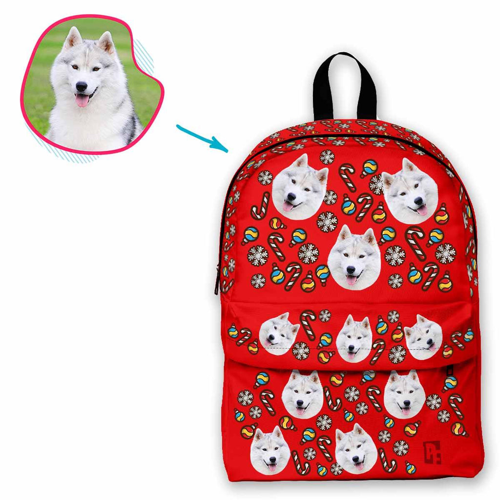 red Christmas Tree Toy classic backpack personalized with photo of face printed on it